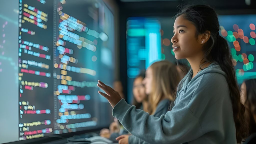 Young female student coding on a large digital screen, learning AI and programming in a modern classroom environment.