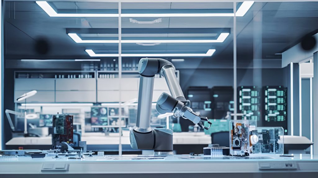 A robotic arm working on circuit boards and technical components in a modern robotics lab, representing emerging job opportunities in AI and automation