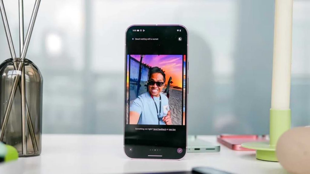 Before and after demonstration of Google Photos' Reimagine feature showcasing AI-powered photo editing enhancements.